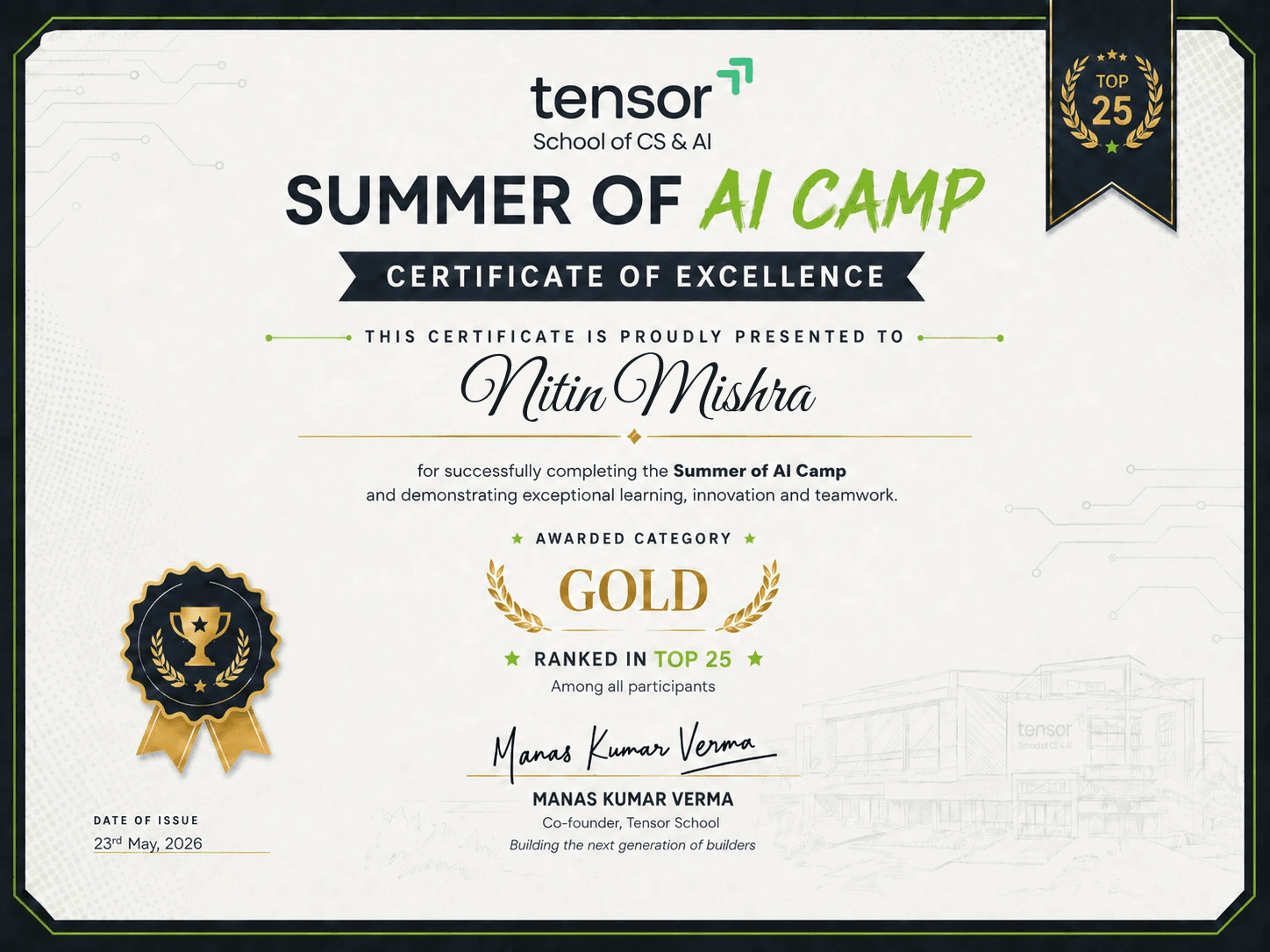 Certificate: Gold · Ranked #1, Summer of AI Camp · Cohort 01, issued 23 May 2026